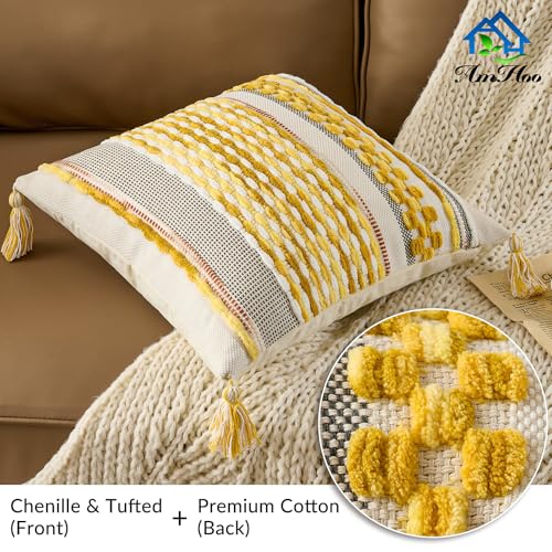 Chenille Striped Textured Boho Throw Pillow Covers Aesthetic with Tassels Woven Decorative Pillow Case for Couch Bed Sofa Bedroom Modern Funky 18 x 18-Inch Yellow - color: Yellow, size: 18" x 18" (Pack of 1)