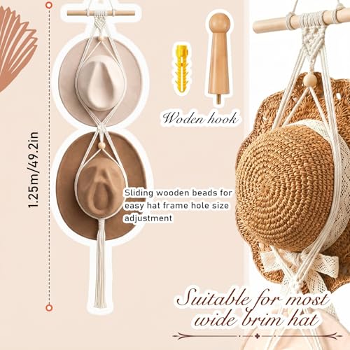 Macrame Hat Hangers Racks Boho Cowboy Hats Holders Western Display Organizer Storage decor Back of Door for Wall(White,Two Hats Style) - color: White, style: Two Hats Style