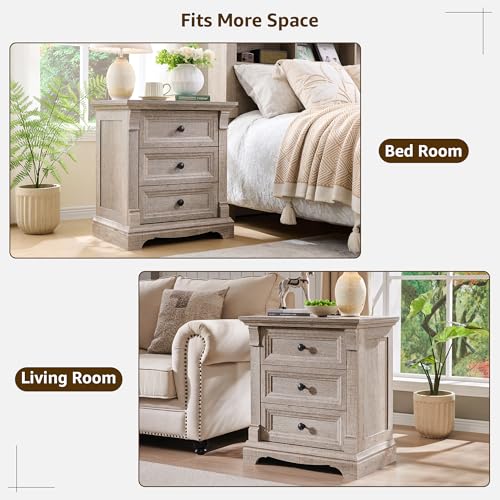 Farmhouse 26"H Night Stand Set of 2, 23.6"W End Table with Charging Station | Wood Side Table w/Roman Column, End Tables Living Room Set Of 2, Bedside Cabinet for Bedroom, Living Room, Light Rustic Oak - color: Light Rustic Oak, size: 23.6"W x 15.7"D x 26