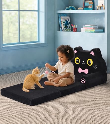 Foryoomi Kids Couch, 2-in-1 Soft Toddler Couch Fold Out with Blanket, Chair Comfy, Foldable Convertible Plush Sofa, Gifts for Kids Girl Boys, Black Cat - color: Black