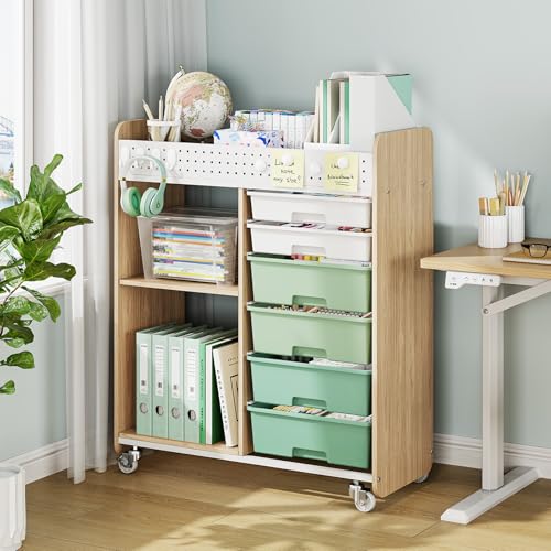 Rolling Craft Cart with 6 Drawers, Pegboard and Locking Wheels Green | Ample multi-zone storage, 2 open shelves, art cart for classrooms, homeschool and offices, sturdy wood-metal frame - color: Green