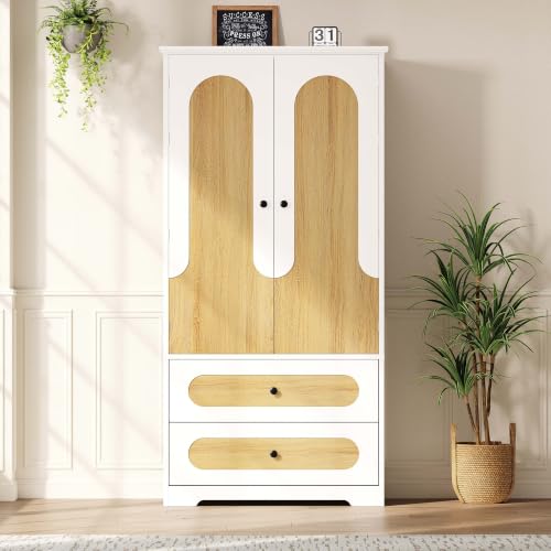 IRONCK 70" Kitchen Pantry Cabinet with Pull-Out Shelves, White | Pantry Storage Cabinet with 6 Door Organizers, 2 Drawers, Kitchen Storage for Kitchen, Dining Room,White & Natural
