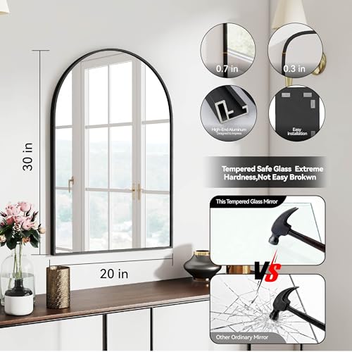 30x20 Bathroom Mirror Arch Wall Mounted/Against Aluminum Frame Black | HD Crystal Clear No distortion Tempered Glass,Make-Up Vanity Mirrors for Bedroom,Entryway,Bathroom,Living Room - color: Black, size: 30"L x 20"W