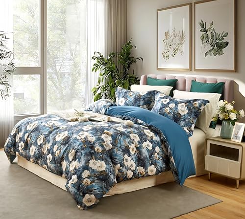 Cupocupa Duvet Cover Queen Size Set Boho Floral Pattern Queen Duvet Cover Set for Queen Size Bed Vintage Soft Bedding Leaf Print Duvet Cover with Pillowcases - color: Cobalt Blue, size: Queen