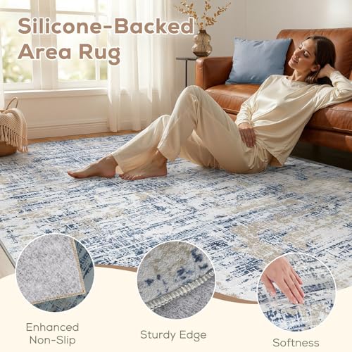 Nakagishi 6X9 Abstract Washable Area Rugs for Living Room-Blue Golden | Modern Non-Slip Silicone Backing Low Pile Soft Carpet for Bedroom Dining Decor Ideal for Families with Kids and Pets - color: Blue Golden, size: 6' x 9' (Rectangular)