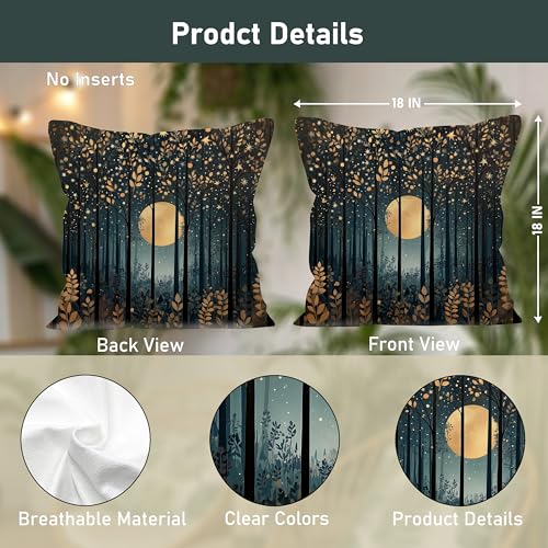 William Morris Inspired Gold Moonlight Forest Throw Pillow Cover 18x18 Set of 2, Vintage Black and Gold Nature Landscape Decorative Lumbar Pillow Cover Case for Home Living Room Bedroom - color: Forest Moon and Starsl-7