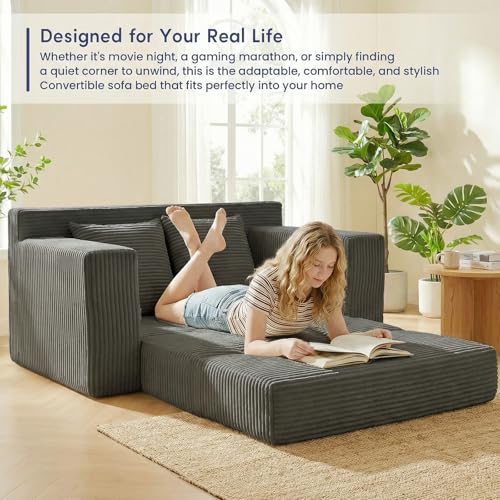 cidludto Boneless Couch Loveseat Sleeper, Convertible Sofa Bed Folding Couch Bed Foldable, 2 in 1 Boneless Chair Bed & Futon Sofa Bed, Small Pull Out Sofa with 4 Pillows for Living Room, Grey - color: Grey, size: Loveseat-55''