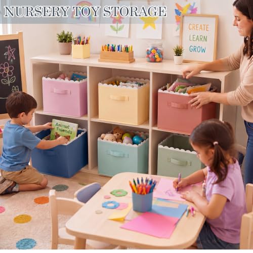 Yalikop 6 Pcs Boho Scalloped Cube Storage Bins 11 Inch Fabric Storage Basket with Handle Collapsible Clothes Closet Organizer Bin for Classroom Books Toy Box Nursery School Organizing - color: Bohemian