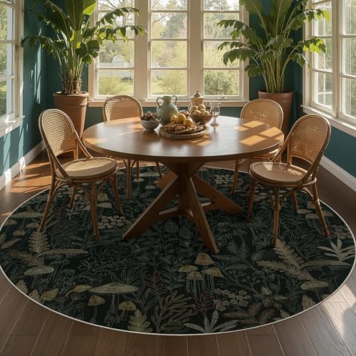 Joydeco Washable Round Area Rug 6ft, Mushroom Boho Black Circle Rug Carpet | Floral Soft Botanical Low-Pile Thin Stain Resistant Non Slip Indoor Throw for Bedroom Living Dining Room Office Home Decor - color: Black-brown, size: Round 6'