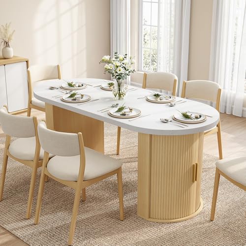IRONCK 71" Oval Dining Table with Hidden Storage, Oak | Faux quartz-pattern laminate top, dual-sided cabinets, fluted engineered-wood base, and 397 lb capacity. - color: Oak