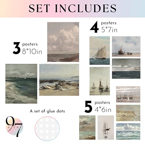 97 Decor Vintage Coastal Wall Art, 12 Nautical Prints, 8x10 Unframed | Cardstock prints, 3 pcs 8x10, 4 pcs 5x7, 5 pcs 4x6, antique sailboat and seascape art, French coastal decor - color: Vintage Coastal Gx8x10, size: unframed