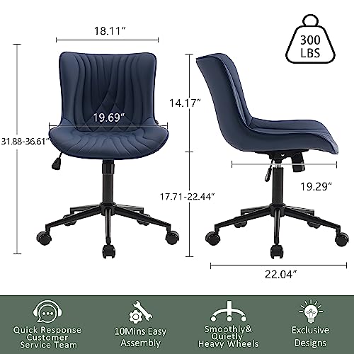 YOUTASTE Navy Blue Office Chair, Faux Leather Armless Desk Chair with Wheels, Height Adjustable, Swivel, Rocking, 300 lbs Capacity, Metal Base, for Home Office Vanity, Purple - color: Navy Blue