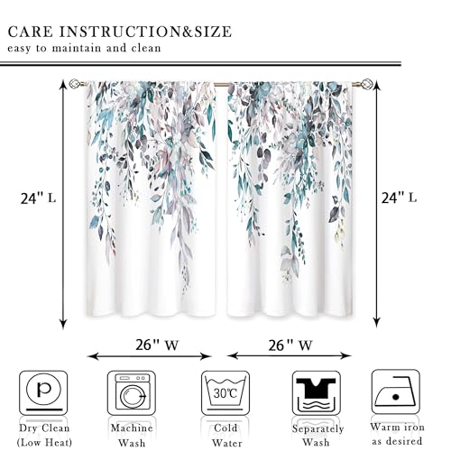 Blue Grey Eucalyptus Botanical Leaves Floral Kitchen Window Curtains Over Sink Farmhouse Flower Leaf Small Window Treatment Cafe Short Curtains for Bathroom Treatment Tier Drapes 26x24 inch - color: 09 Blue Grey, size: 26"W x 24"L (Pack of 2)