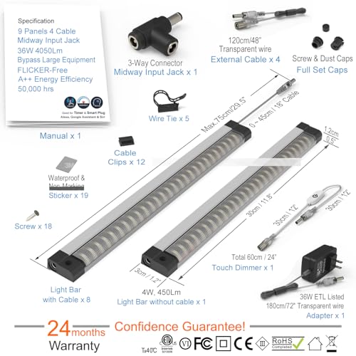 EBD Under Cabinet Lighting Plug in or Hardwired, 9 Pcs 12 Inch No Messy Wires Built-in Adjustable Cable LED Light, T-Connector Counter Lights for Smart Plug Kitchen Home Office 6500K 4050Lm 4 Cables - size: 9-Pack 4 Cables