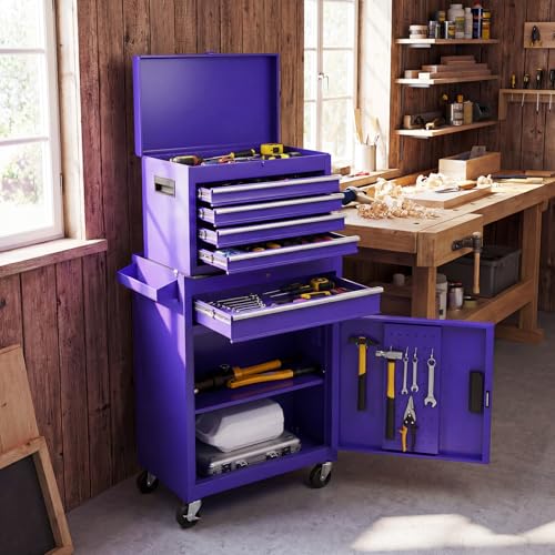Goplus Purple Tool Chest, 5 Drawers Rolling Tool Cabinet w/Detachable Top Toolbox, Universal Lockable Wheels,Lock Bar,Protective Liner,Tool Rack, Metal Tool Storage Cart, Tool Box for Garage Workshop - color: Purple, style: 5-Drawers
