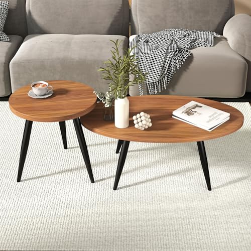 2-Piece Oval & Round Nesting Coffee Table Set | Separable to Serve as Individual Side Tables, Equipped with 7 Glossy Smooth Painted Metal Legs