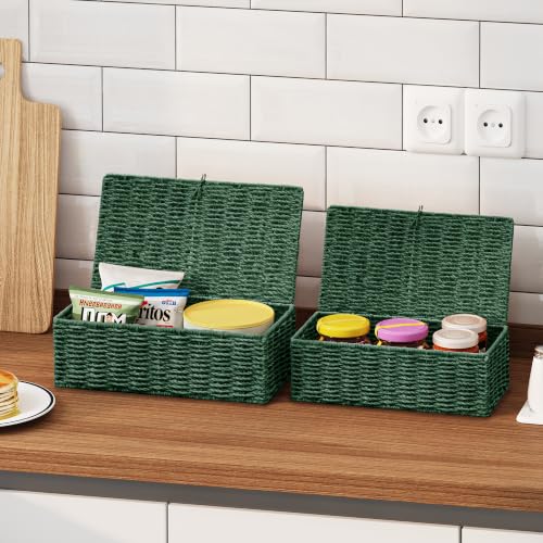 Wicker Shelf Baskets with Lid, Set of 2 Handwoven Wicker Storage Baskets for Shelves, Rectangular Storage Bins with Lids, Decorative Storage Boxes, Small Wicker Baskets for Organizing, Green - color: Green