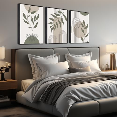 Boho Pictures Wall Decor for Bedroom 3 Piece Canvas Wall Art | Black Framed Wall Art For Dining Room,Bathroom Home Office Hotel Hallway Dining Room Decoration Size 16 x 24 Inch 3 Panels - color: Green and White, size: 24"x16"x3PCS Framed
