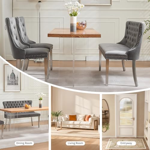 Grey Velvet Dining Bench with Back, Tufted Banquette Seating, Silver Legs | Upholstered loveseat bench; tufted back; nailhead trim; 500 lb capacity; foam and spring seat; dining room or entryway - color: Grey(silver Stainless Steel Legs)