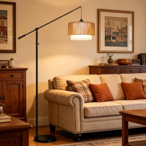 【Upgraded】Boho Dimmable Floor Lamps with Adjustable Swing Arm, 1100 Lumens Bulb Included, Modern Standing Lamp with Rattan & Fabric Shades, Farmhouse Tall Arc Floor Lamp for Living Room Bedroom, Black - color: Bohemian-Matte Black