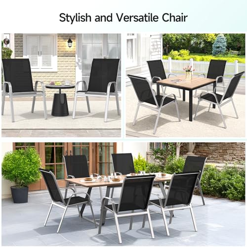 Patio Chairs Set of 4, All Weather Outdoor Dining Chairs | Stackable Dining Furniture Set, Breathable, High Back, Lawn, Garden, Backyard, Poolside Furniture - color: Black