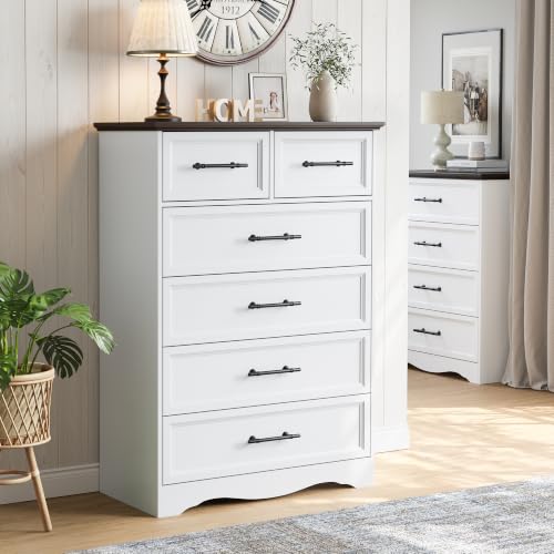 YANSNWO White 6 Drawers Dresser for Bedroom, 44" Tall Chest of Drawers | Brushed Metal Handles, Unique Base Design, Replicated Wood Grain Finish, Modern Farmhouse for Bedroom/Living Room/Hallway - color: White, size: 15.7"D x 31"W x 44.3"H (6 Drawers)