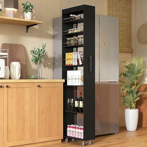 7-Shelf Tall Narrow Storage Cabinet with Wheels, 71 Inch, Black | Slim Pull-Out Organizer, 7.87 Inch Wide for Small Spaces Between Washer/Dryer, Kitchen, Bathroom and Laundry Room - color: E-black