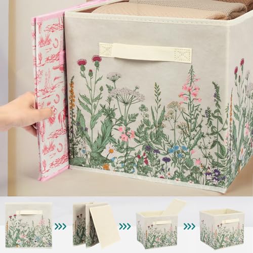 6 Pcs Wild Floral Cube Storage Bins 12.5 Inch Flower Storage Basket with Handle, Beige Collapsible Fabric Box for Classroom Bedrooms Office Home Decoration - color: Wild flowers