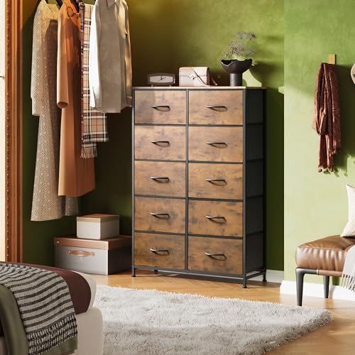 WLIVE Tall Dresser for Bedroom, Rustic Brown Wood Grain Print | 10 Drawers, Fabric Dresser for Closet, Storage Tower with Cabinet, Metal Frame - color: Rustic Brown Wood Grain Print