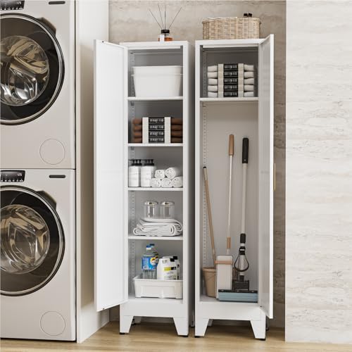 67" Tall Storage Cabinet with Reversible Doors and Adjustable Shelves,Metal Slim Freestanding Cabinet for Bathroom Kitchen Garage Small Spaces,White1 Pack - color: White, size: 11.8"D x 15.7"W x 67"H