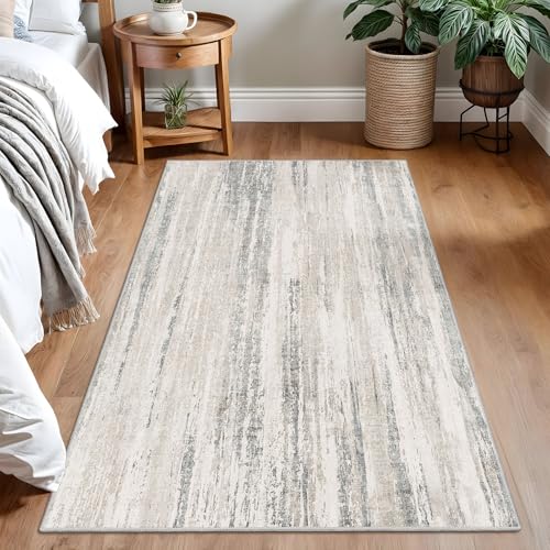 3x5 Rug Washable Area Rugs Low Pile Non Slip Modern Abstract | Small Throw Carpet for Entryway Bedroom Living Room Kitchen Bedside Entry Floor Indoor Neutral Beige and Grey - color: Beige, size: 3' x 5' (Rectangular)