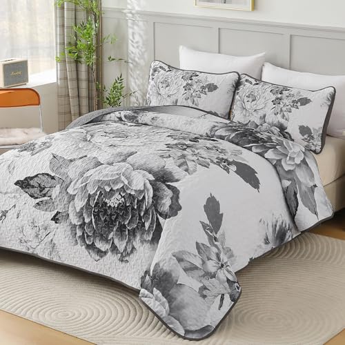 WONGS BEDDING Grey Boho Floral Quilt Set Queen, Elegant Gray Flower Bedspread Coverlet Set for All Season, 3 Pieces Farmhouse Lightweight Reversible Bedding Set with 2 Pillow Shams 96"X90" - color: Grey White, size: Queen 90"×96"