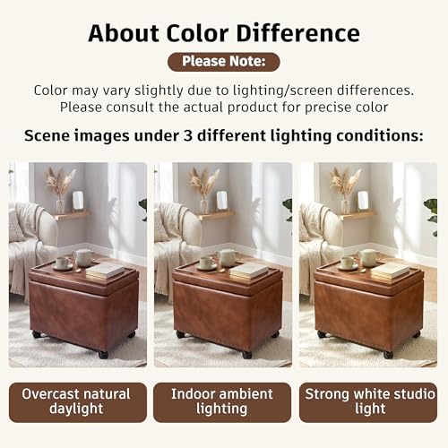 Homebeez Faux Leather Storage Ottoman with Wheels and Reversible Tray Top, 22” Tufted Rectangular Coffee Table with Hidden Storage, Nailhead Rolling Footrest for Living Room & Bedroom, Caramel Brown - color: Caramel Brown With Wheels