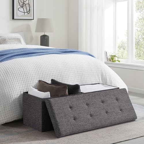 Ornavo Home 43 Inch Folding Extra Large Storage Bench, Linen, Dark Gray | Upholstered Tufted Ottoman with Lid; Foot Rest Stool; Ideal for Bedroom, Living Room or Entryway - color: Dark Gray, size: 15"d X 43"w X 15"h