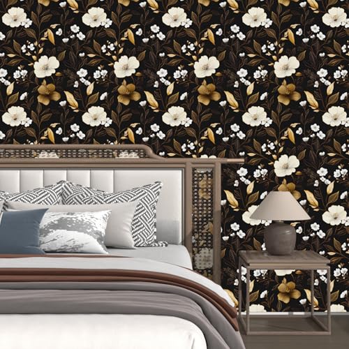 Retro Black Dark Golden Floral Peel and Stick Wallpaper 17.4" x 118" | Renter Friendly, Removable & Waterproof, Vinyl Easy Install for Bedrooms, Bathrooms, Kitchens, Cabinets and Home Decor - color: Black/White, size: 17.4" x 118"