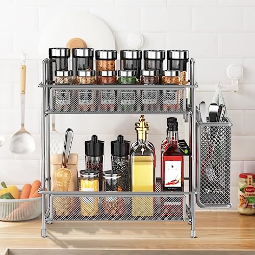 Spice Rack Organizer for Kitchen Counter, Spices Organizer and Storage Seasoning Organizer for Cabinet, Kitchen Metal Countertop Organizer with Side Basket (Grey) - color: Grey (Size: 7" x 12" x 13")
