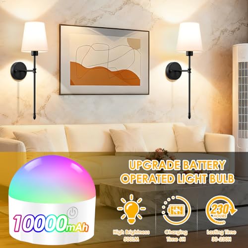 OCATO Wall Sconces Battery Operated 10000mAh Wireless Wall Sconces Set of 2 | Rechargeable Wall Lights with 10000mAh Dimmable Bulbs and Remote 7 Colors Wireless Wall Lamps for Bedroom Living Room Hallway - color: Black