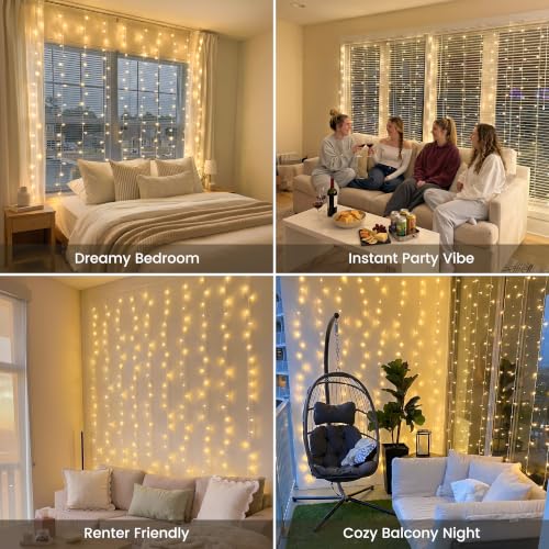 200 LED Curtain Lights Plug in, 6.6x6.6FT Hanging Light, Warm White | Window Hanging Fairy Lights With Remote Control And Connectable Design For Bedroom, Dorm, Wedding, Backdrop And Outdoor Decor - color: Warm White, size: 200 LED
