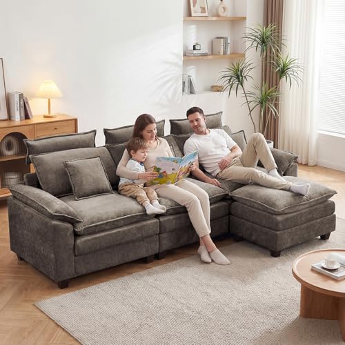 103'' Modular L Shaped Sofa, Cloud Deep Seat Sofa Couch with Ottoman, Detachable Headrest, 3 Seater Sectional Sofas for Living Room, Apartment, Studio, Brown - color: Brown, size: L Shaped Couch
