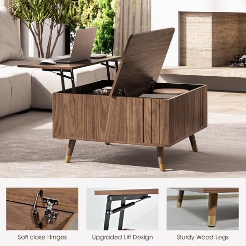 JOINICE Square Lift Top Coffee Table with Storage for Living Room,Walnut | 32" Multi-functional Pop Up Center Table,Large Hidden Compartments with Solid Wood Legs,Lift to 23",Hold 100lbs,Easy Assembly - color: Walnut_square