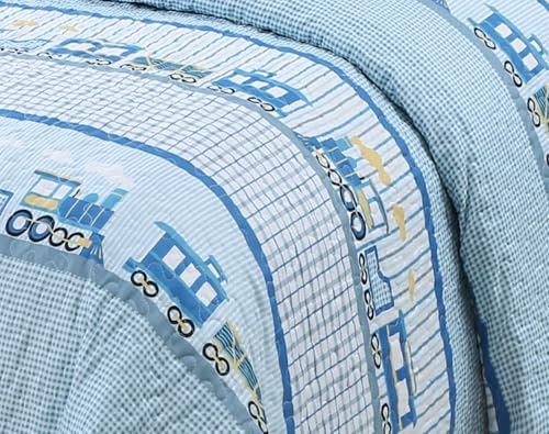 Kids Zone Collection Train Print Kids/Teens Bedding Set Blue Gingham Pattern Twin New # Choo Choo - color: Choo Choo Train, size: Twin