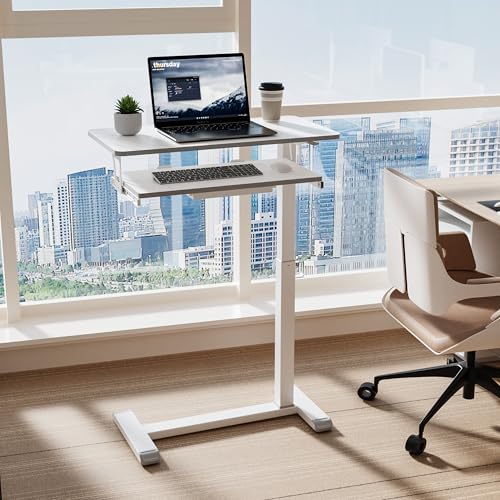 ETHU Overbed Table with Wheels, Medical Table with Drawer, Hospital Bed Table, Workstation Desk, Adjustable Overbed Bedside Rolling Laptop Desk, Marble White | Mobile Table Tray for Sofa Side, Hospital Bed Workstation Table for Home and Office Laptop Use,
