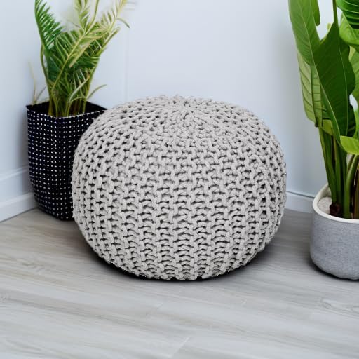 · REDEARTH · Round Pouf Ottoman - Hand Knitted Boho Poof Footrest - Gray | 100% Cotton, 19.5"x19.5"x14"; Doubles as Footstool, Foot Rest; Great for Living Room, Bedroom, Nursery, Patio, Dorm, Lounge - color: Grey, size: 19.5"D x 19.5"W x 14"H