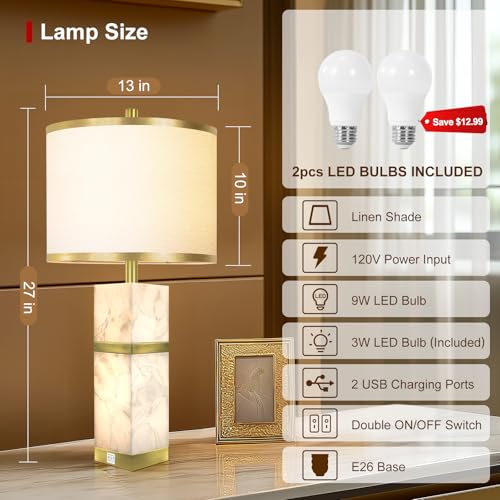 Scenekoy 27" Alabaster Table Lamps Set of 2 with Night Light for Bedroom | Nightstand Lamps with USB A+C Ports, Bedside Lamps with Linen Shade for Living Room, Bedroom, Office, Bar, (Bulb Included) - color: Gold