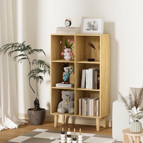 6 Cube Bookcase, Wooden Book Shelf Cube Storage Organizer with Legs, 3 Tier Bookshelf Freestanding Open Shelves for Bedroom, Living Room and Home Office (Oak, 6 Cube Vertical) - color: Oak, size: 6 Cube Vertical