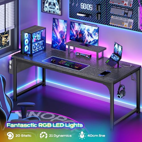 DurayLoly 63 x 24 inch Large Gaming Desk, 24mm Thick Desktop with RGB LED, Computer Desk with Built-in Power Outlets, Detachable Stand, 150LBS Heavy Duty, Ultimate Desk for Pro Gamers, Black - color: Black, size: 63 Inch