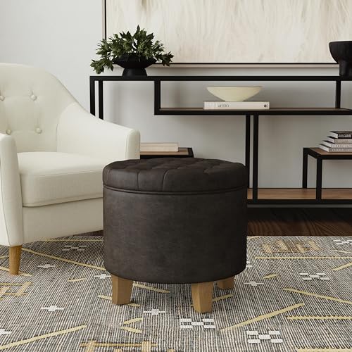 HomePop 19" Faux Leather Button Tufted Round Storage Ottoman - Black - color: Black Faux Leather