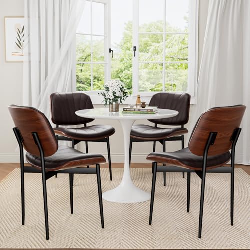 Dining Chairs Set of 2, Mid-Century Modern Upholstered PU Leather Chairs | with Walnut Bentwood Back and Metal Legs Adjustable Feet for Kitchen Dining Room, Dark Brown Shell Strips - color: Dark Brown Shell Strips
