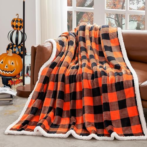 Halloween Blanket Twin Size 60" X 70",Fall Autumn Harvest Sherpa Fuzzy Fluffy Soft Cozy Blankets, Fleece Flannel Plush Microfiber Throw for Couch Bed Sofa, Halloween Decor (Orange) - color: Orange
