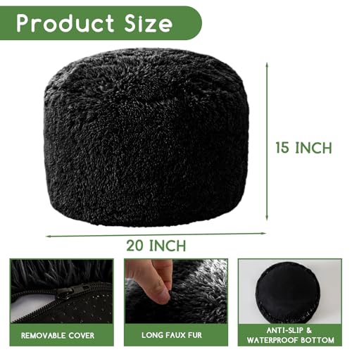 HIGOGOGO Round Stuffed Pouf Ottoman, Long Faux Fur Poufs with Foam Chunk Filling, Fluffy and Furry Pouf Foot Stool Storage Ottoman, 20 X 15 Floor Poufs Foot Rest for Living Room, Black - color: Black, size: 20"D x 20"W x 18"H